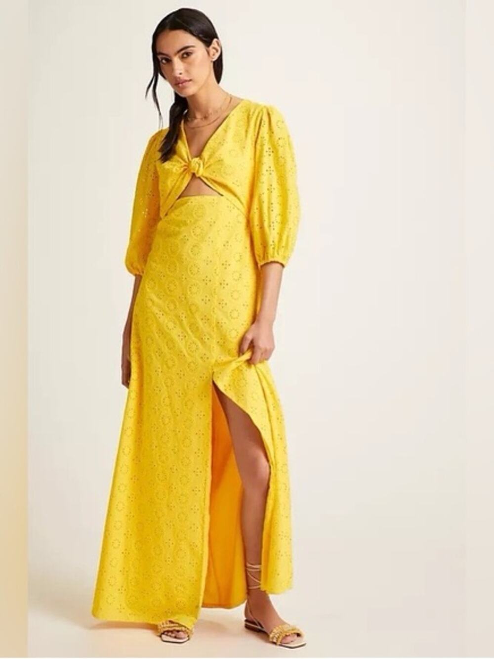 NWT Hutch Yellow Lacey Eyelet Cutout Maxi Dress Elbow Sleeves Women's size 6